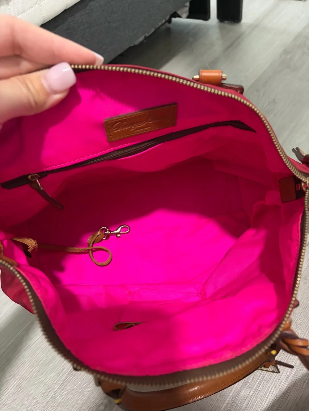 Dooney & Bourke Red Nylon Satchel with Tan Leather Trim and Gold Hardware